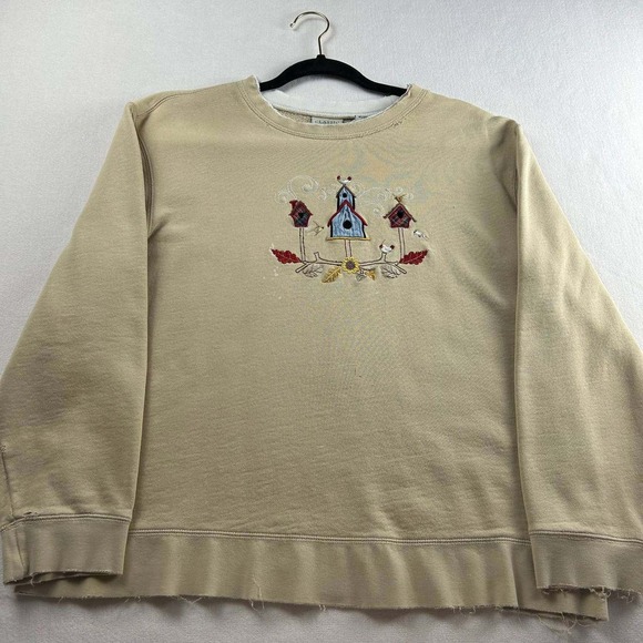 Vintage 90s Classic Elements Sweatshirt Tan Embroidered Distressed Birds Flowers - Picture 1 of 8